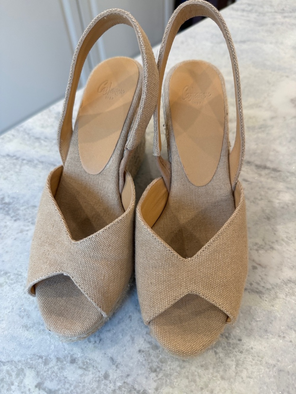 Castaner Natural linen Peep-Toe Slingback Wedges